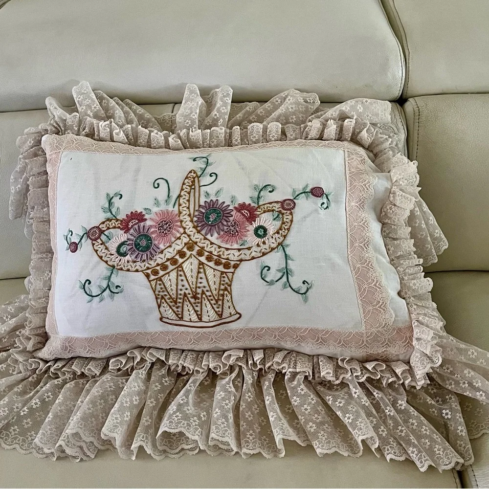 Floral Embroidered Ruffled Pillow 13/19 inches